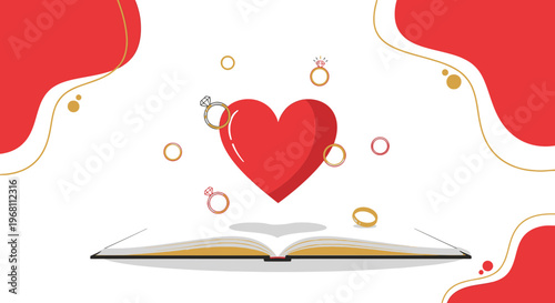Red Heart Floating Above Open Book with Wedding Rings - Love Story Concept