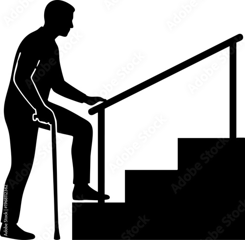 Elderly man climbing stairs with cane assistance gentle support slow movement mobility aid silhouette isolated.