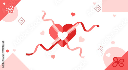 Red Heart Gift with Ribbons and Hearts, Valentine's Day Vector Background