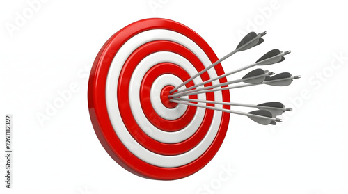 A red and white target with several arrows hitting the bullseye on a plain white background