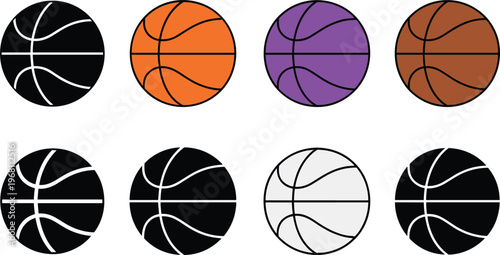 Basketball icon collection in multiple colors and styles representing sports game equipment competition training and recreational activity in flat vector design