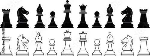 Chess pieces black and outline set, king queen rook bishop knight pawn, classic board game elements, strategy illustration collection