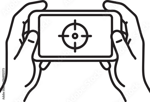 Hands holding smartphone horizontally with target crosshair linear icon representing mobile action shooter gaming entertainment concept