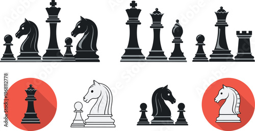 Chess pieces icons and silhouettes set, king queen knight rook bishop pawn, strategy board game elements, modern flat design illustration