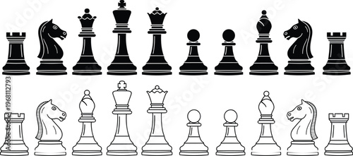Chess pieces arrangement, black silhouettes and white outlines, king queen bishop knight rook pawn, classic strategy board game vector illustration