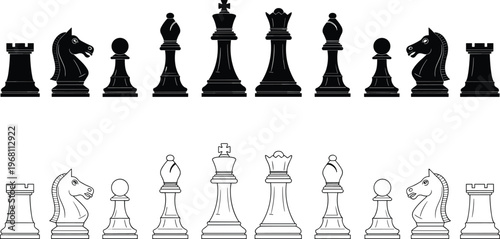 Chess pieces set, black silhouettes and outline versions, king queen bishop knight rook pawn, classic strategy board game illustration
