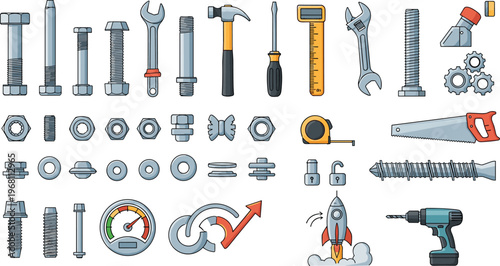 Construction tools and hardware icons set, bolts nuts screws wrench hammer drill saw, engineering equipment, industrial illustration collection isolated