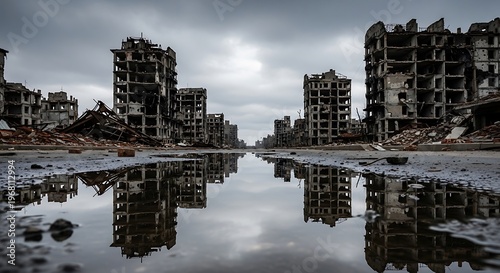 Abandoned urban landscape with reflective puddle and damaged buildings under cloudy sky