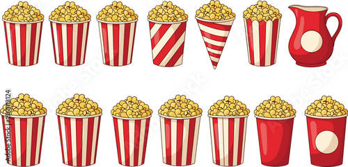 Popcorn bucket and soda cup set with striped cinema containers for movie snack packaging fast food illustration vector design collection