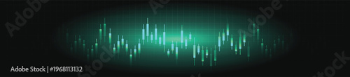 Teal glowing candlestick financial chart in dark oval frame with grid background, abstract data visualization concept for stock market dashboards, financial reports and digital marketing