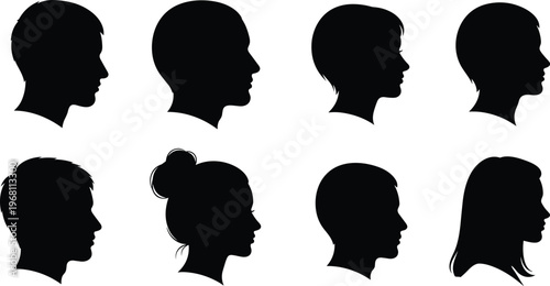 Human head silhouettes profile collection vector illustration male female faces side view black silhouette set isolated design elements minimal style pack