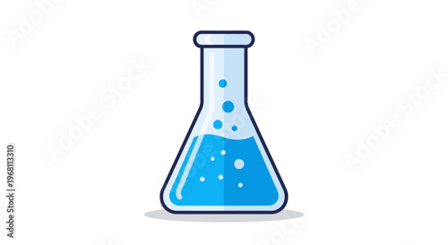 Illustration of a laboratory flask containing blue liquid and bubbles in a scientific setting