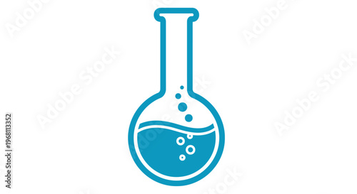 Illustration of a scientific flask with liquid and bubbles on a white background