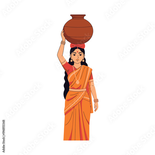 Illustration of a woman in traditional Indian attire carrying a clay pot on her head against a white background.