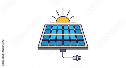 Illustration of a solar panel generating clean energy with a bright sun, a design for ecology