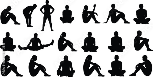 Human silhouettes sitting poses collection vector illustration people figures black silhouette set various seated positions isolated design elements minimal style pack