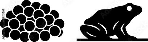 Frog eggs pile and adult frog silhouette on white background, simple vector illustration.