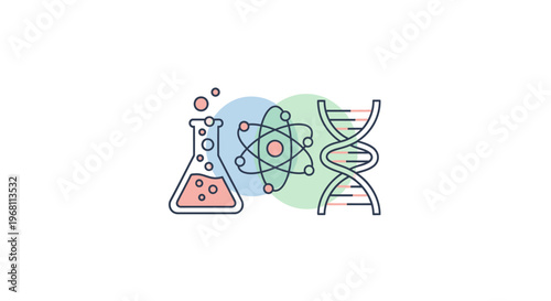 Illustration of Science Concepts including Chemistry, Atomic Structure, and DNA Strand