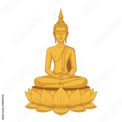 Golden Buddha statue sitting in meditation on a lotus flower against a white background.