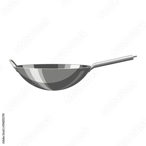 Stainless steel wok pan with handle on white background