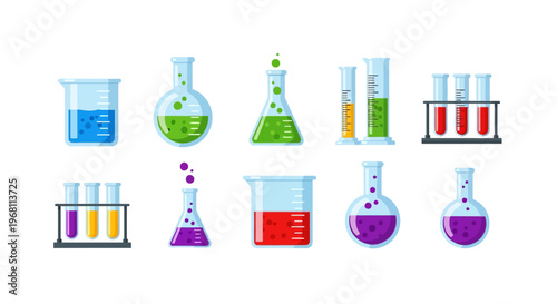 Illustration of various laboratory glassware filled with colorful liquids for scientific experiments