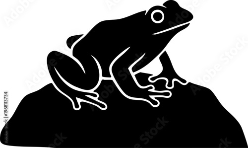 Frog silhouette sitting on rock, amphibian animal icon, nature and wildlife symbol.