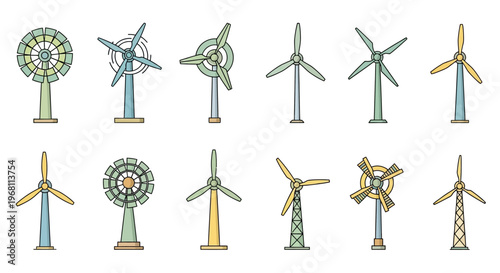 Illustration of Various Styles of Wind Turbines Depicting Renewable Energy Sources