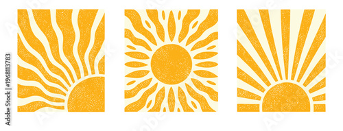 Solar aura themed element pack in a vintage retro style, radiating beams, textured suns, rays, light, and warmth