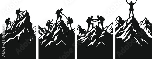 Mountain climbing silhouettes collection vector illustration hikers teamwork success summit achievement outdoor adventure people black design elements isolated minimal graphic set