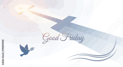 Good Friday design illustration with dove and cross on white background, conveying a peaceful mood with soft, pastel colors.