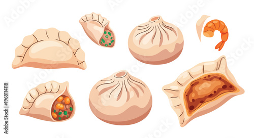 A vibrant illustration showcasing an appetizing assortment of diverse asian cuisine dumplings and a succulent cooked shrimp, ideal for culinary and