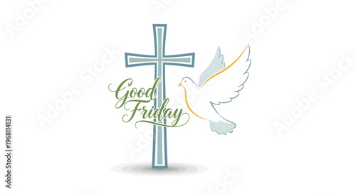 A Good Friday design illustration featuring a blue cross with a white dove and the words 'Good Friday' in green cursive on a white background.