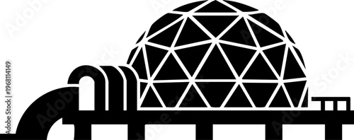Geodesic dome structure with industrial pipes and beams scientific building complex with complex architectural elements.