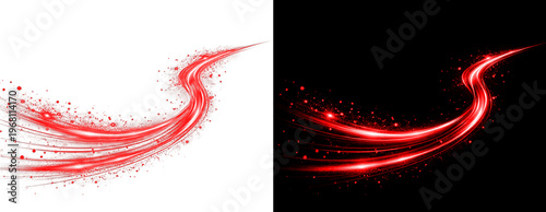Dynamic red light trail with sparkling energy particles and curves.