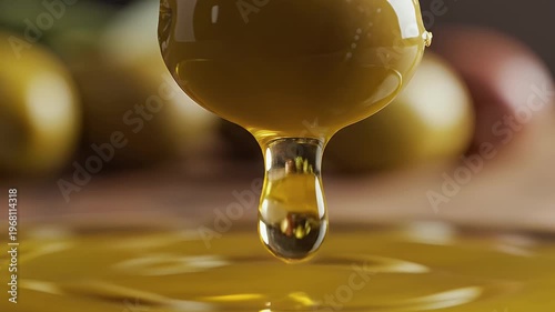 Close-up of golden liquid dripping from an olive into a pool of oil