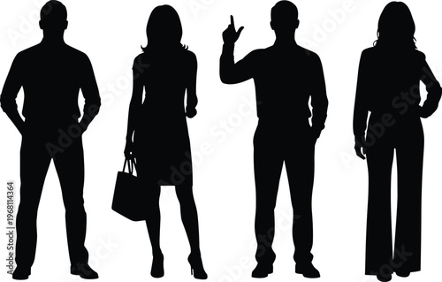 People silhouettes standing collection vector illustration men women figures black silhouette set various poses isolated design elements minimal style pack