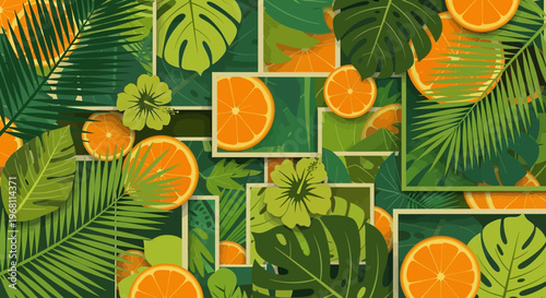Oranges and Tropical Leaves Pattern.