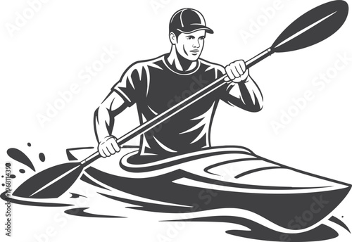 Kayaker paddling in water with boat trip