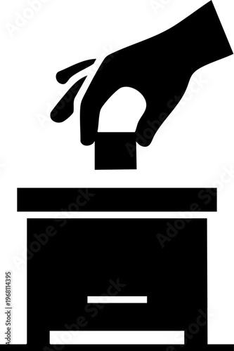 Hand dropping object into box vector silhouette, donation or voting concept, symbol of contribution and action.