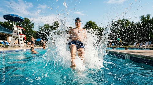 Young man jumping into swimming pool.