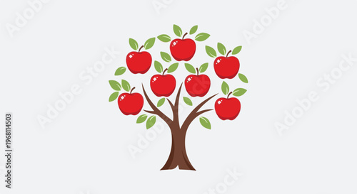 Stylized illustration of a brown tree with seven ripe red apples and green leaves