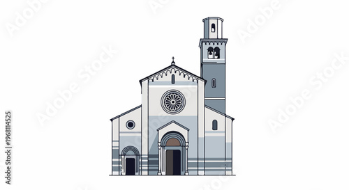 Stylized illustration of a church facade with a bell tower