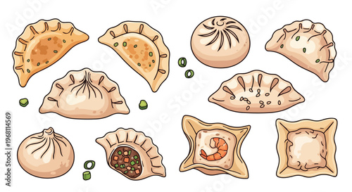 A vibrant illustration of diverse Asian food items, including traditional dumplings and soft steamed buns, showcasing culinary artistry and rich