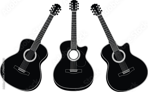 Acoustic guitar silhouettes collection vector illustration black musical instruments set classic string guitars isolated design elements minimal graphic style pack