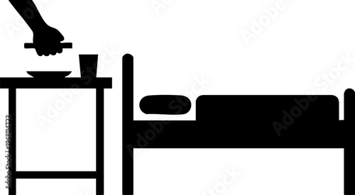 Hospital room silhouette showing patient bed with bedside table and hand serving meal for medical care and recovery service concepts.