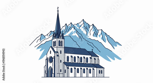 Stylized church with snow-capped mountains in the background