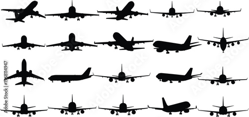 Airplane silhouettes collection vector illustration aircraft set flying planes black icons aviation transport design elements isolated minimal style pack