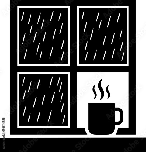 Hot coffee mug on windowsill during rain viewed through window pane.