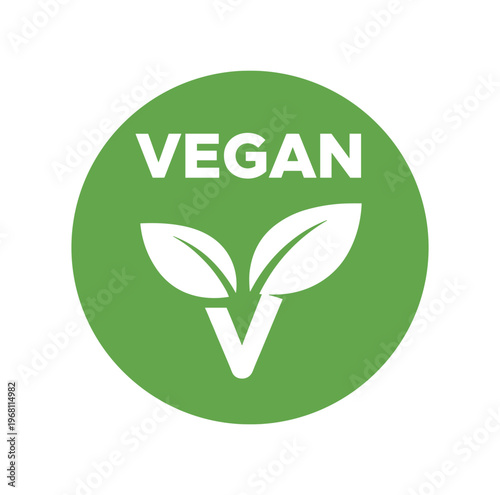 Vegan badge. vegan label, plant based, cruelty free, organic food, vegetarian symbol, leaf v mark, healthy lifestyle. flat vector illustration isolated on white background.