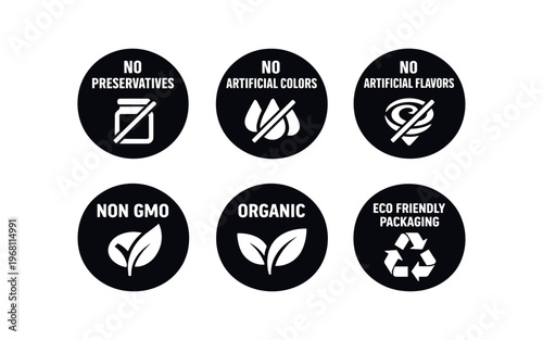 Food label icon set. organic, non gmo, no preservatives, no artificial colors, no artificial flavors, eco friendly packaging, recycling, health, nutrition. line, flat and colored vector icon set.